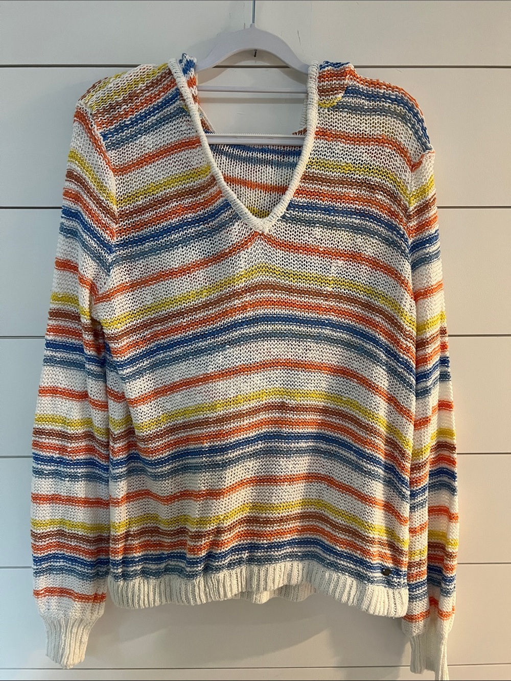 ROXY Striped V-Neck Cotton Lightweight Slub Knit Hoodie Sweater - White Multi